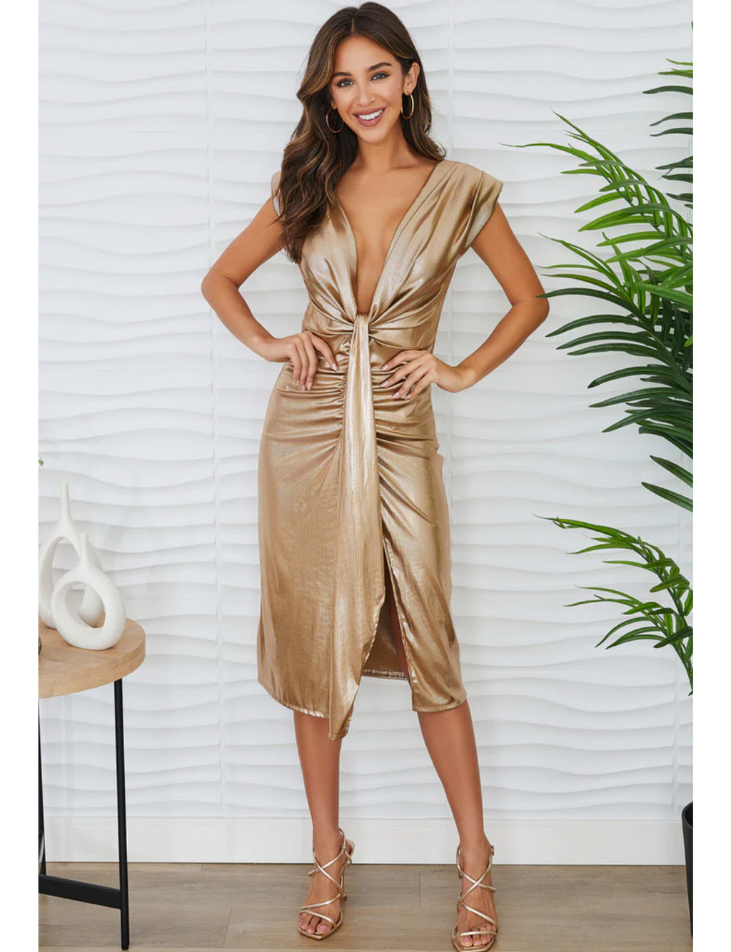 Deep V Metallic Sleeveless Dress, Gold