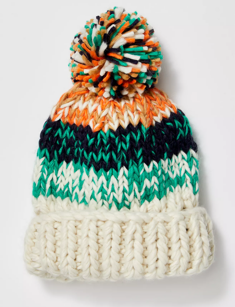 Tide Stripe Knit Pom Beanie, Ivory