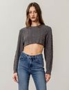 Round Neck Long Sleeve Knitted Crop Top, Charcoal