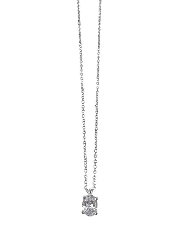 Oval Single Solitaire Necklace, Silver