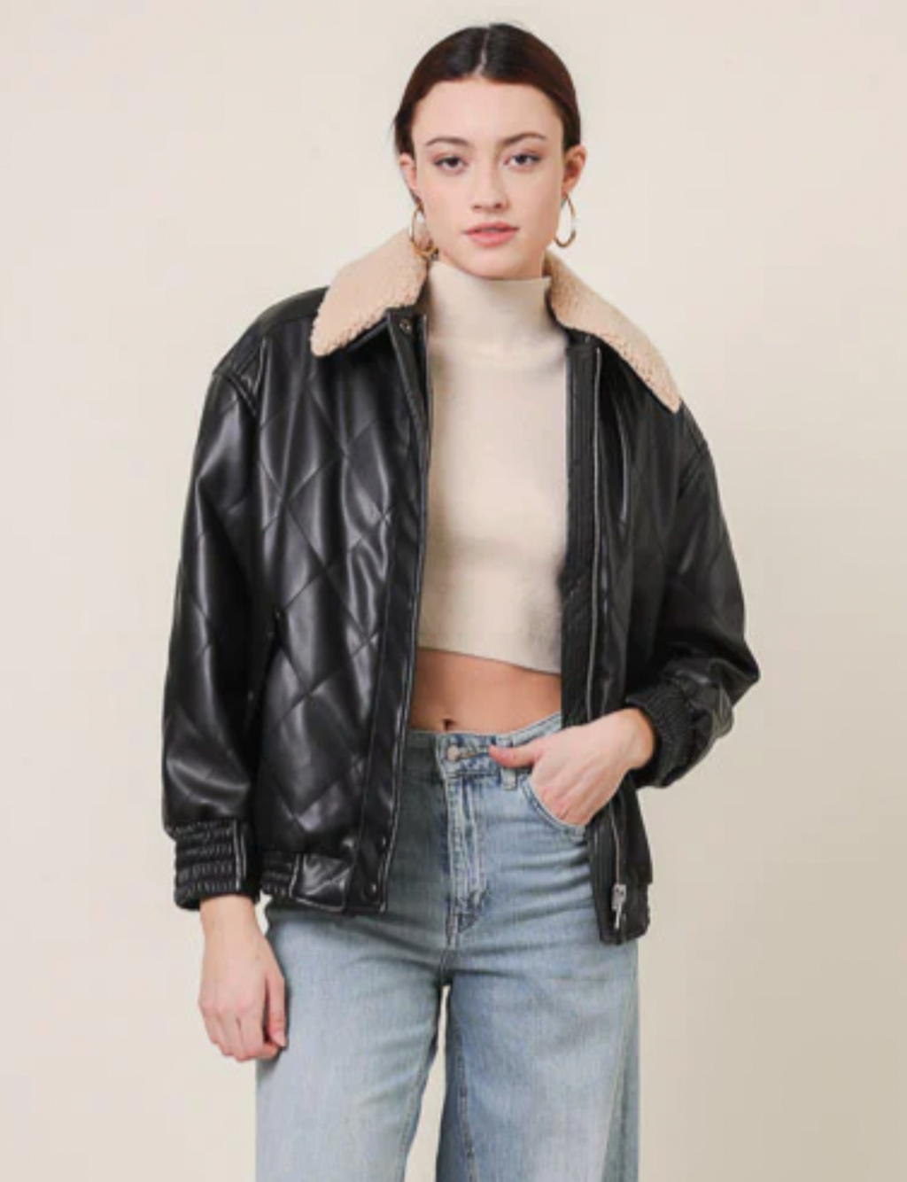 Annette Shearling Bomber Jacket, Black