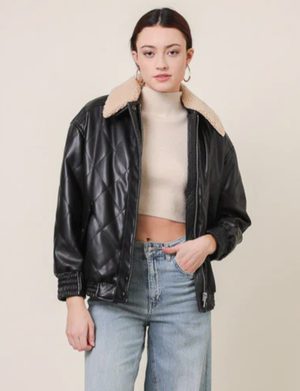 Annette Shearling Bomber Jacket, Black