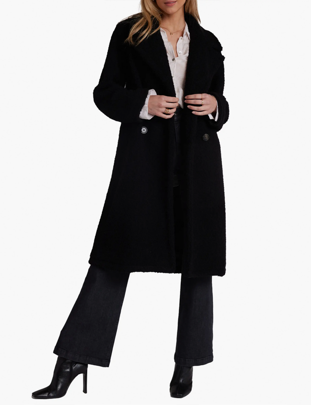 Notched Collar Double Breasted Coat, Black