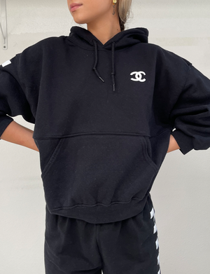 Hooded Puff Shorty Chanel Checkerboard Sweatshirt, Black/White