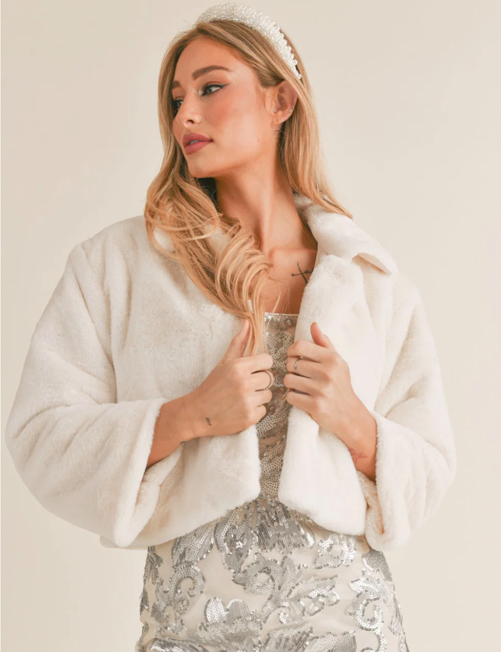 Drea Vegan Fur Cropped Jacket, Off White