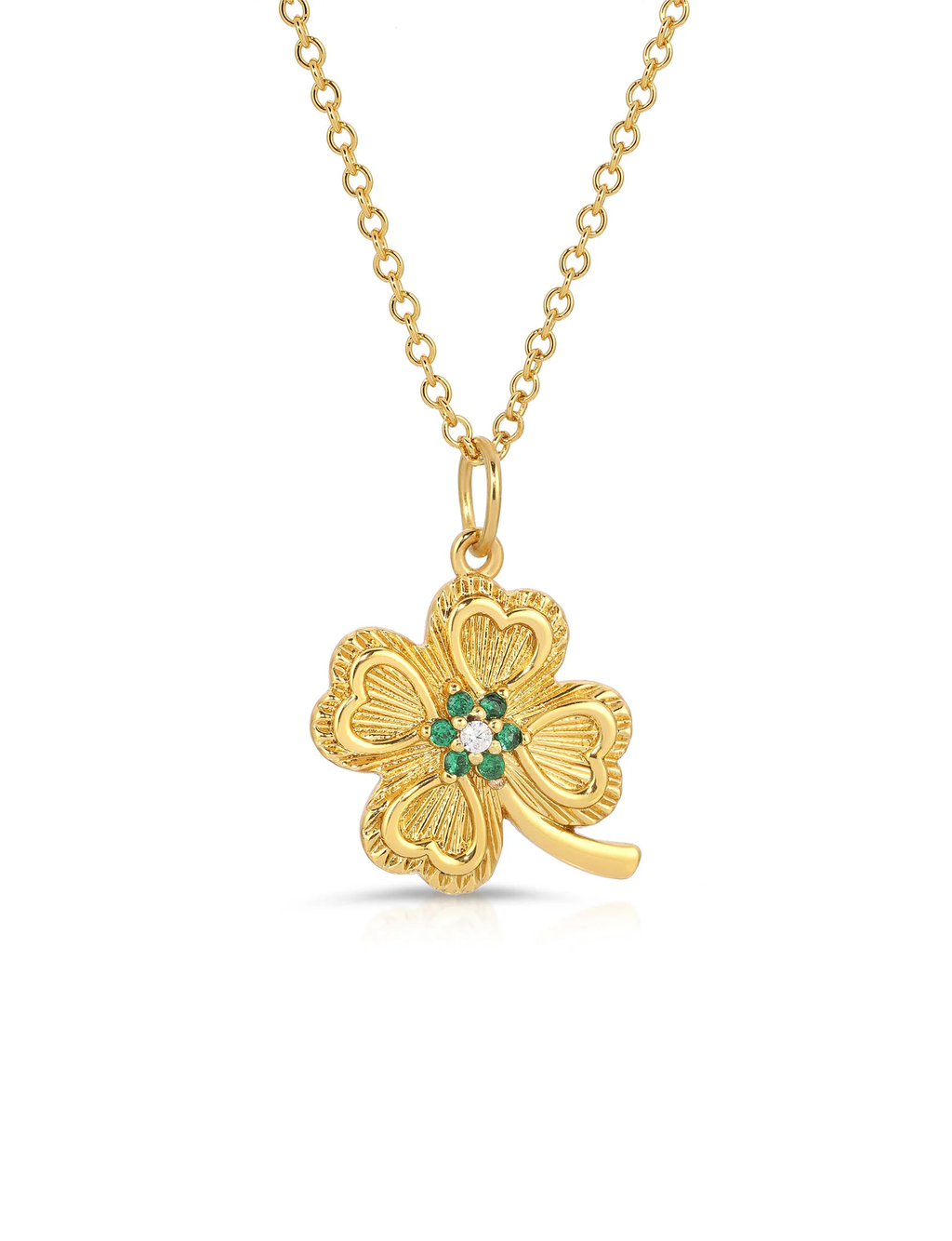 Lucky Clover Necklace 16-18", Gold/Emerald