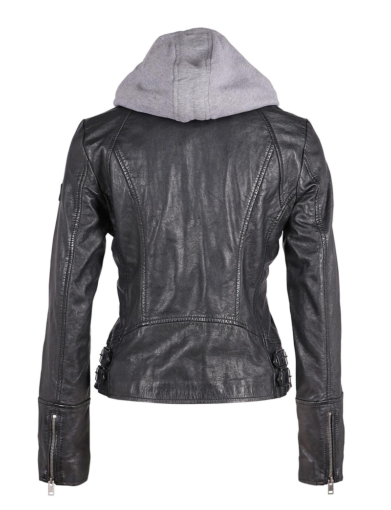 Nola Hooded Leather Jacket, Black