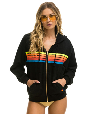 5 Stripe Relaxed Zip Hoodie, Black/Neon Rainbow