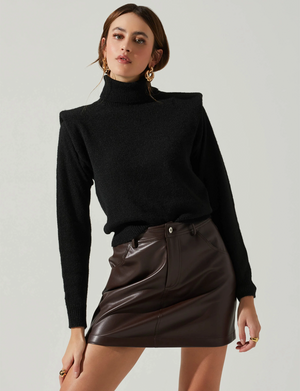 Daleyza Padded Shoulder Turtleneck Sweater, Black