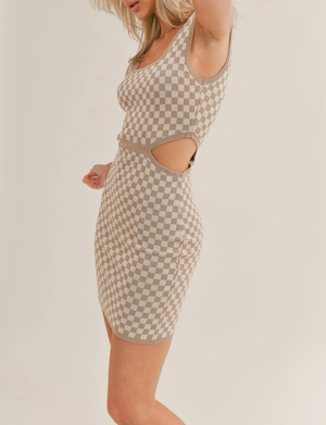 La Femme Checkered Mini Dress, Ivory Taupe