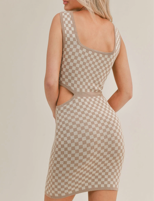 La Femme Checkered Mini Dress, Ivory Taupe